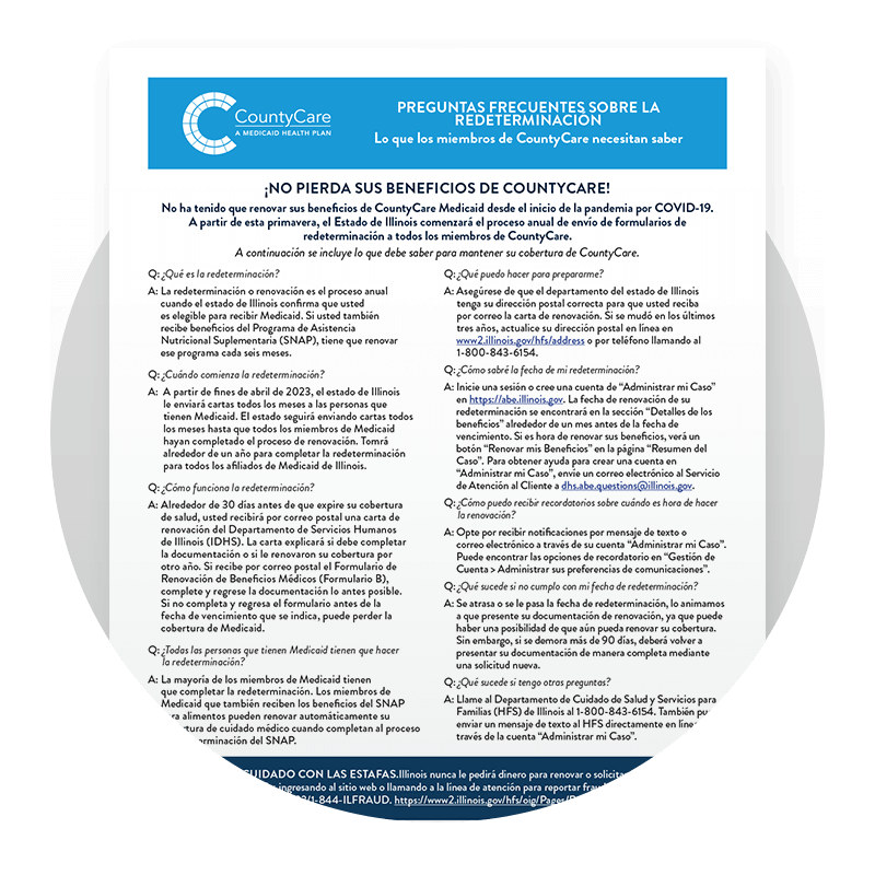 Flyer titled Preguntas Frecuentes Sobre la Redeterminación with CountyCare logo. Provides information on COVID-19 redetermination, procedures, and FAQs in Spanish, featuring questions and answers in a structured format.