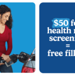 A woman in a red sweater fuels her car. The adjacent text on a blue background reads, $50 for health risk screening equals free fill-up.