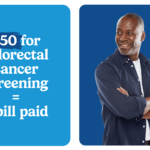 A smiling man stands with arms crossed on a blue background. Beside him, text reads, $50 for colorectal cancer screening = a bill paid on a blue square.