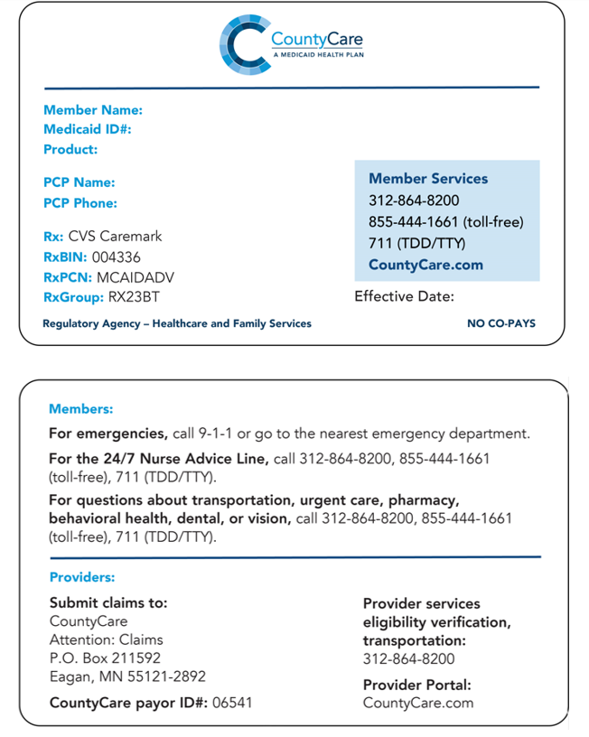 CountyCare Medicaid health plan card featuring member name and ID, PCP info, RxGroup, RxBin, and RxPCN numbers. Includes contact details for member services and instructions for emergencies and submitting claims.
