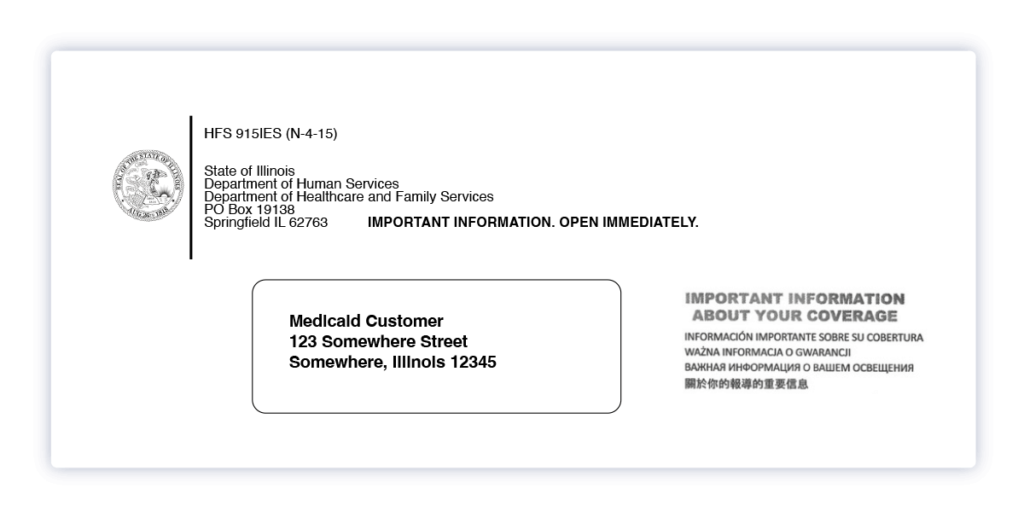 An envelope from the State of Illinois Department of Human Services featuring a recipients address: Medicaid Customer, 123 Somewhere Street, Somewhere, Illinois 12345. The envelope is marked as important information with translations in multiple languages.