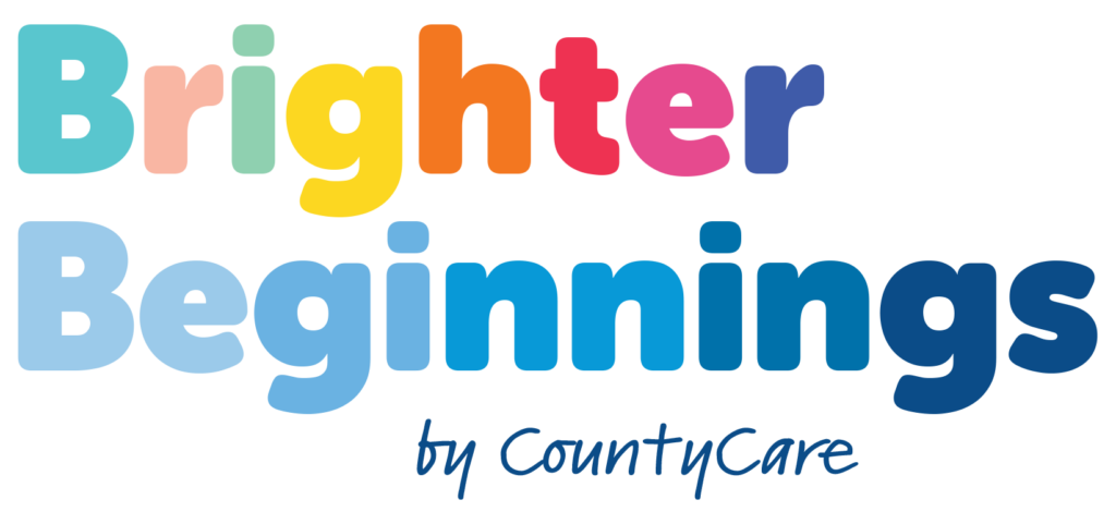 Text logo reading Brighter Beginnings in colorful gradient letters, with by CountyCare in blue cursive script underneath.
