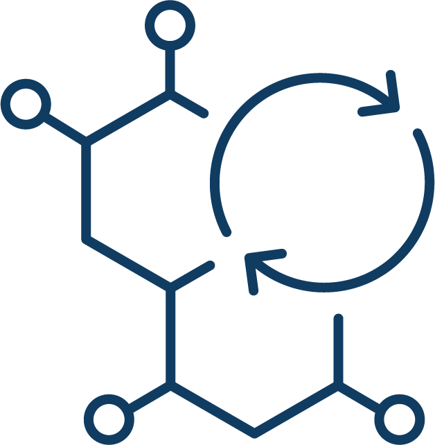 Illustration of a hexagonal chemical structure with a circular arrow symbol on the right. The hexagon has alternating single and double bonds, with additional bonds extending from the vertices. The circular arrow suggests a cycle or process.